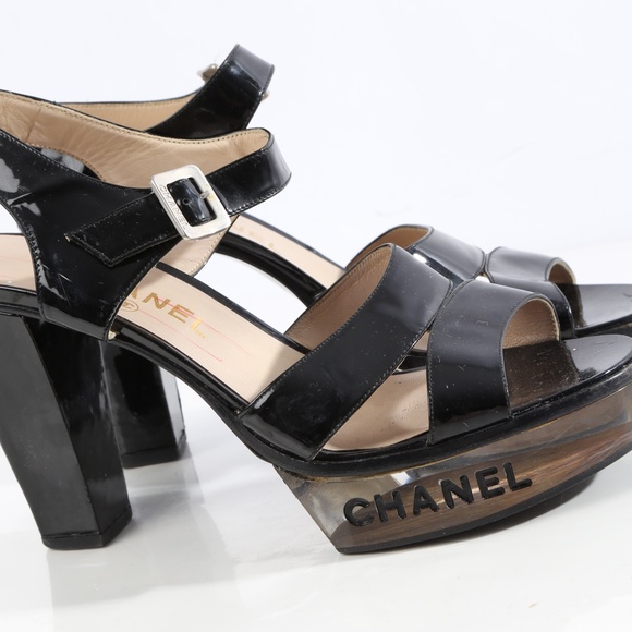 Chanel Vintage Black Logo Lucite Led  Platform SandalsPatent Leather Heels - Picture 3 of 14